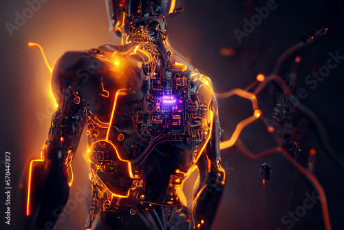 electronic circuit, close up of a male silhouette. The male figure and technological innovation: a close perspective of the electronic world. Generative AI.