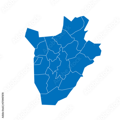Burundi political map of administrative divisions - provinces. Solid blue blank vector map with white borders.