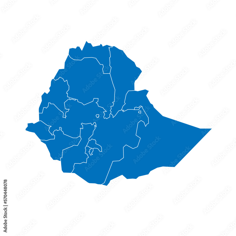 Ethiopia political map of administrative divisions - regions and chartered cities. Solid blue blank vector map with white borders.