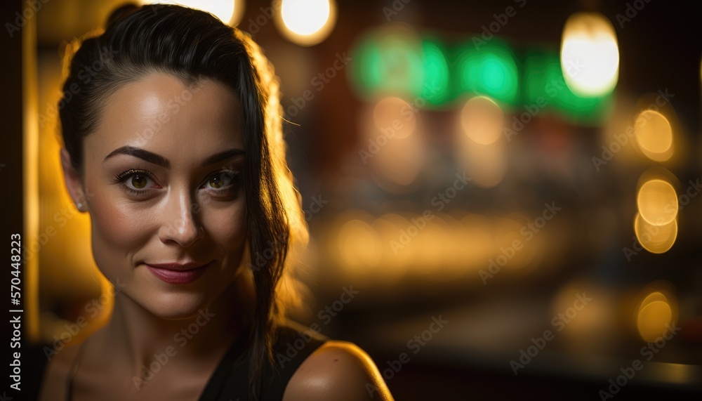 Fototapeta premium portrait of beautiful woman in bar with dim lighting shallow DOF and bokeh, generative ai