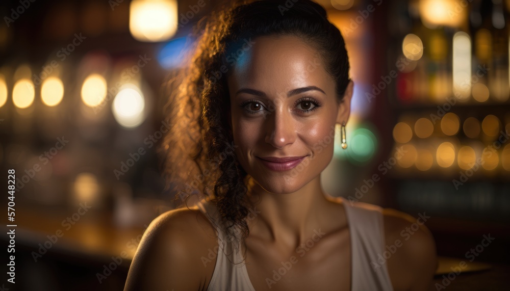 portrait of beautiful woman in bar with dim lighting shallow DOF and bokeh, generative ai