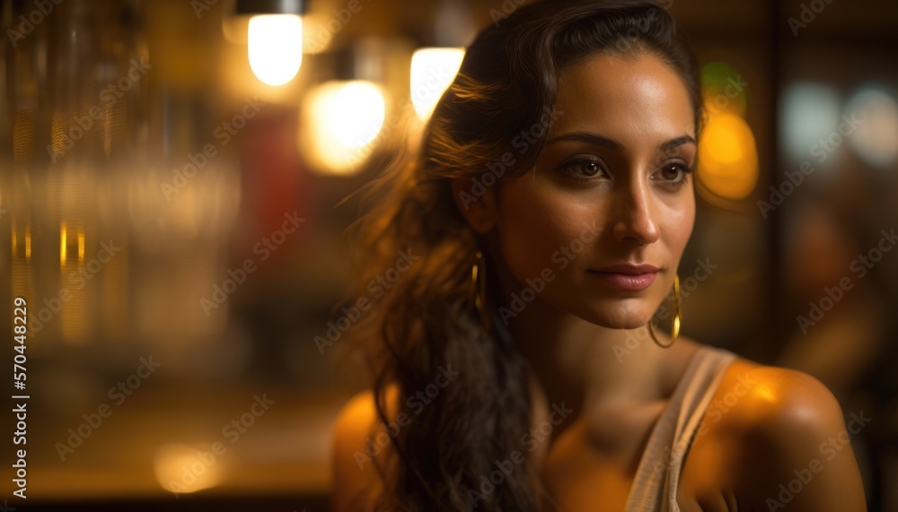 portrait of beautiful woman in bar with dim lighting shallow DOF and bokeh, generative ai portrait of beautiful woman in bar with dim lighting shallow DOF and bokeh, generative ai