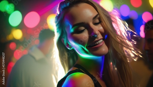 Attractive young woman dancing, having fun in upscale night club scene with shallow depth of field and bokeh, generative ai