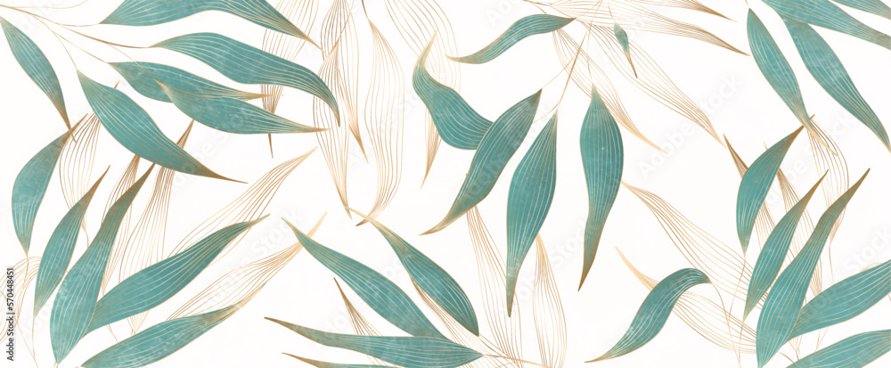 Luxury art background with tropical leaves with golden line elements. Watercolor design in art line style in green and blue colors for wallpaper design, decor, interior