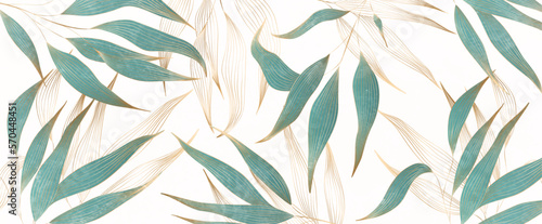 Luxury art background with tropical leaves with golden line elements. Watercolor design in art line style in green and blue colors for wallpaper design, decor, interior