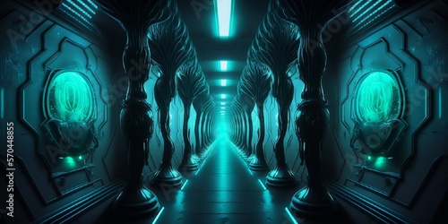 long couloir de vaisseau spatial alien, lumière bleue verte - panoramique - illustration ia