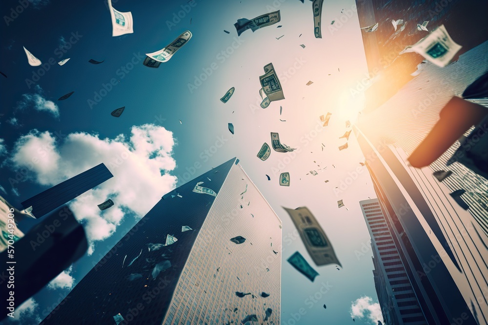 Seen from below, banknotes fall from the top of financial skyscrapers ...