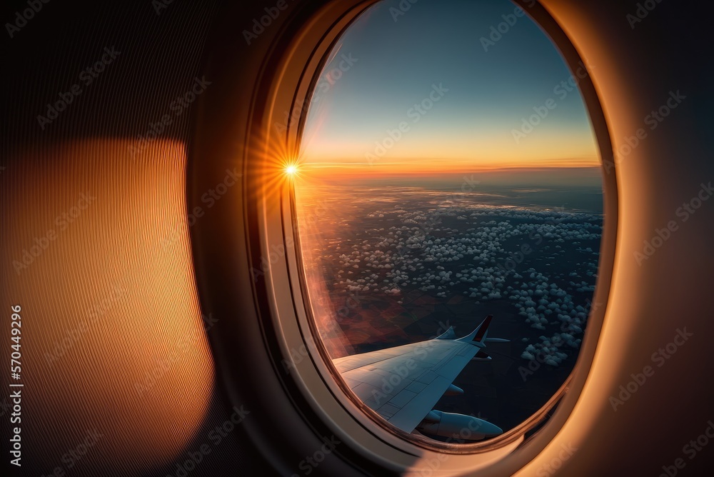 Charming aerial view of the sky from the airplane window during sunset and golden hour, on the way to vacation. AI generative