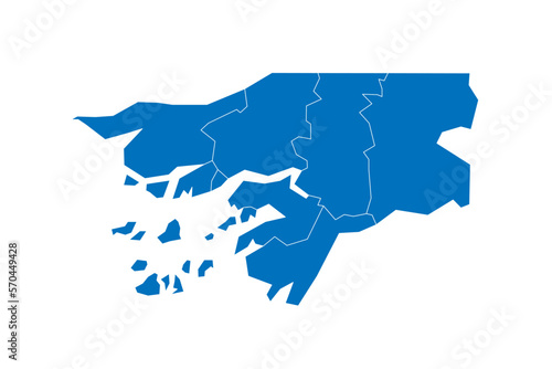 Guinea-Bissau political map of administrative divisions - regions and autonomous sector of Bissau. Solid blue blank vector map with white borders.
