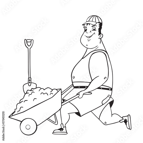 Fat cartoon man with wheelbarrow