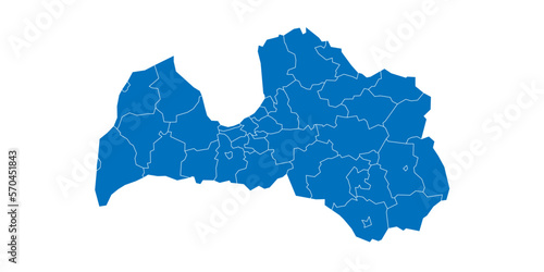 Latvia political map of administrative divisions - municipalities and cities. Solid blue blank vector map with white borders.