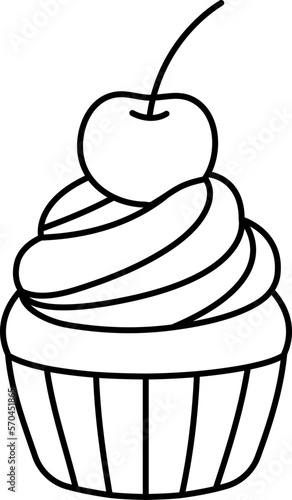Cup cake with cherry and cream topping Dessert Icon Element illustration Line