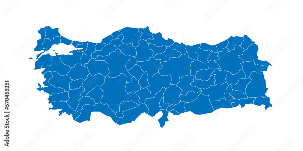 Naklejka premium Turkey political map of administrative divisions - provinces. Solid blue blank vector map with white borders.