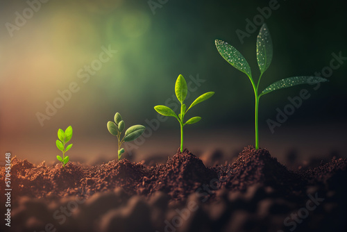 Fotografia, Obraz close up of tiny green seedlings sprouting in the ground forming a graph with di