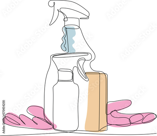 Continuous one line drawing of bottles for liquid laundry detergent, bleach, fabric softener, dishwashing liquid or another cleaning agent. Easy to place your text and brand logo. Vector illustration