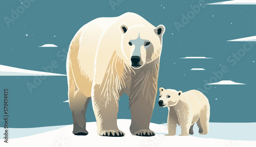 The white bear and her cub bear walks through the snow. Mother and child. The glacier, snow-covered plains. Starry night in the North. Landscapes of the Arctic. Vector illustration