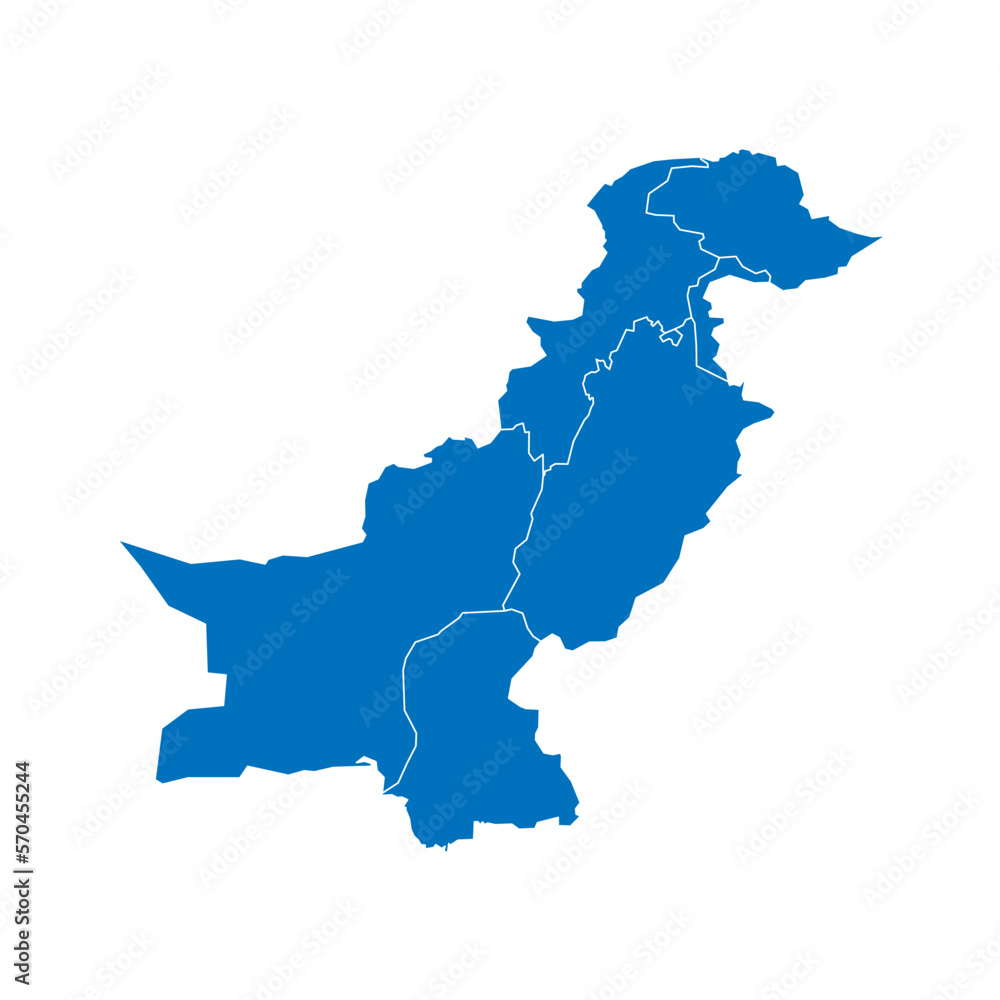 Pakistan political map of administrative divisions - provinces and autonomous territories. Solid blue blank vector map with white borders.