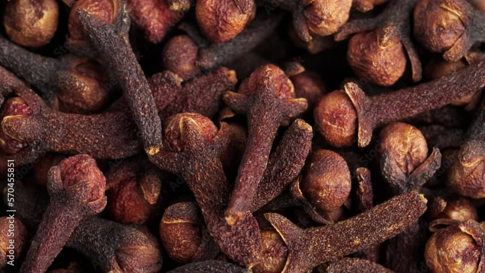 Clove buds spices close up rotating. Natural organic spice after harvest for cooking and cuisines Clove buds spices close up rotating. Natural organic spice after harvest for cooking and cuisines