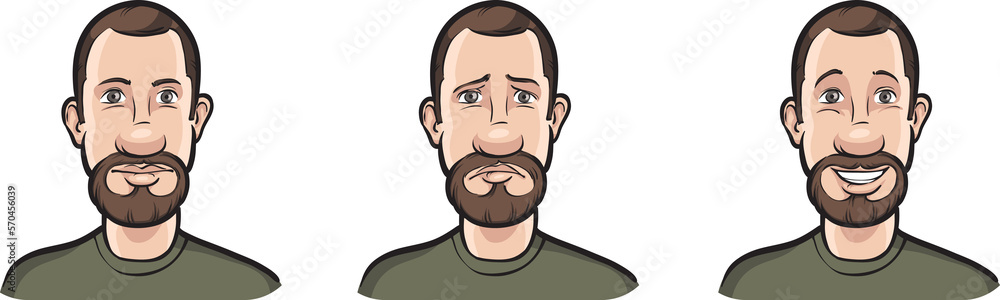 bearded man face three expressions isolated user profile avatar heads - PNG image with transparent background