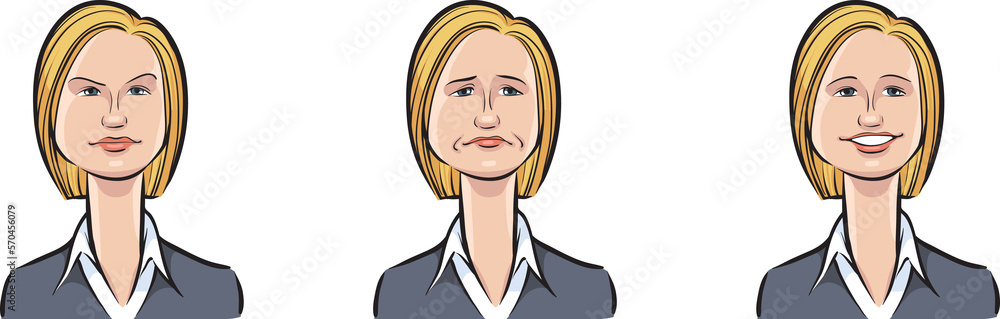 business woman face three expressions isolated user profile avatar heads - PNG image with transparent background business woman face three expressions isolated user profile avatar heads - PNG image with transparent background