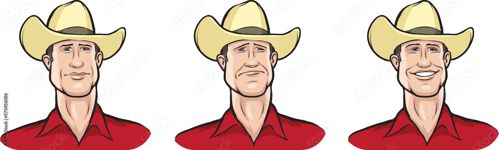 cowboy face three expressions isolated user profile avatar heads - PNG image with transparent background