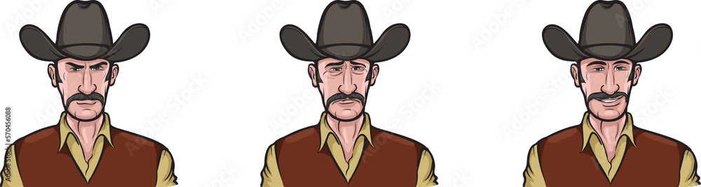 cowboy man face three expressions isolated user profile avatar heads - PNG image with transparent background