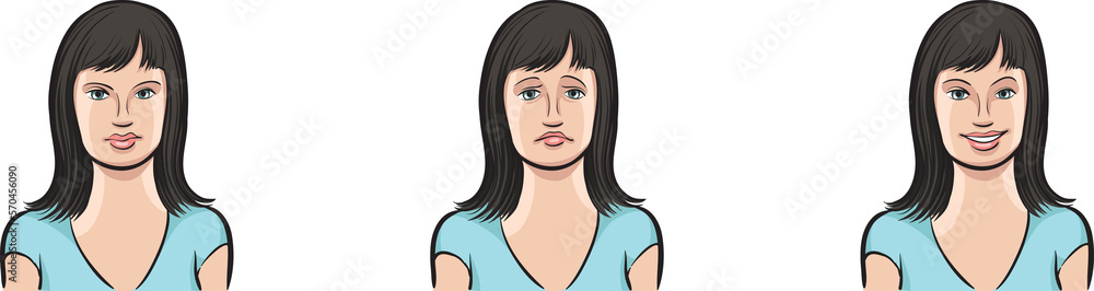 dark haired woman face three expressions isolated user profile avatar heads - PNG image with transparent background
