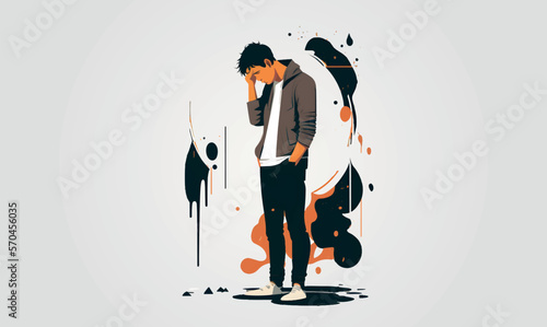 young sad man in depression, vector illustration.