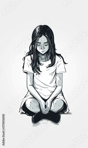 young sad girl in depression, black and white vector illustration. Isolated.