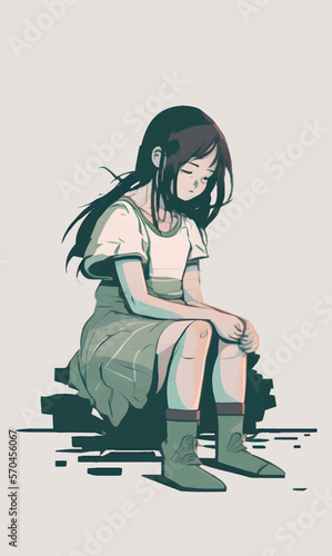 young sad girl in depression, vector illustration