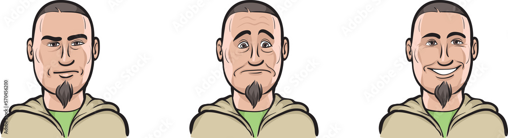 short haired guy face three expressions isolated user profile avatar heads - PNG image with transparent background