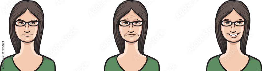 woman in glasses face three expressions isolated user profile avatar heads - PNG image with transparent background woman in glasses face three expressions isolated user profile avatar heads - PNG image with transparent background
