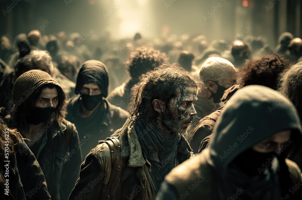 A group of zombies in Destroyed post-apocalyptic city. digital ai art	