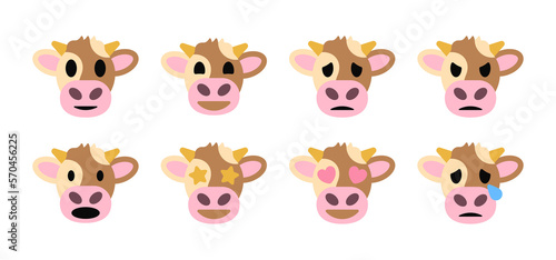 Cow emoji set, vector cow faces, png cow emoticons, no background, vectorial cute cow smiley 