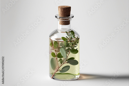 Eucalyptus essential oil in the bottle, fresh eucalyptus leaves, Generative AI © Nevereski