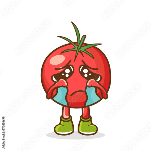 Crying face on tomato illustration, Cute funny crying sad tomato character.