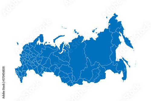 Russia political map of administrative divisions - oblasts, republics, autonomous okrugs, krais, autonomous oblast and 2 federal cities of Moscow and Saint Petersburg. Solid blue blank vector map with