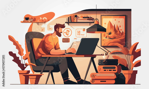 man working on computer at home, vector illustration