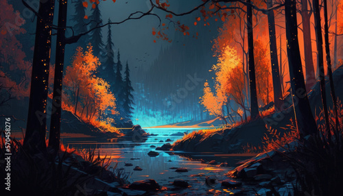 Fantasy landscape with forest and river. Digital painting, generative ai