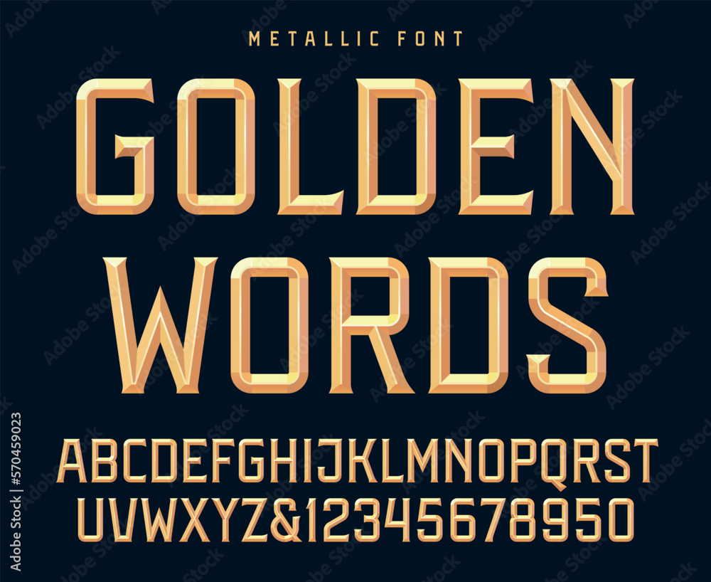 Classic golden metallic beveled decorative font, gold, brass or bronze alphabet and numbers. Upper case. Vector illustration.