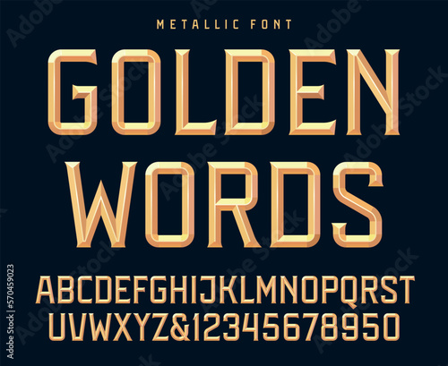Classic golden metallic beveled decorative font, gold, brass or bronze alphabet and numbers. Upper case. Vector illustration. photo