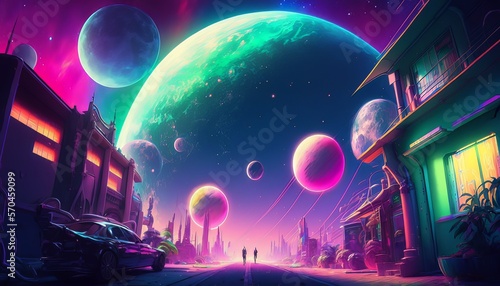 Universe colorful planetary background. Fantasy futuristic world. Generative AI technology.