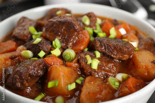 Delicious beef stew with carrots, green onions and potatoes, closeup