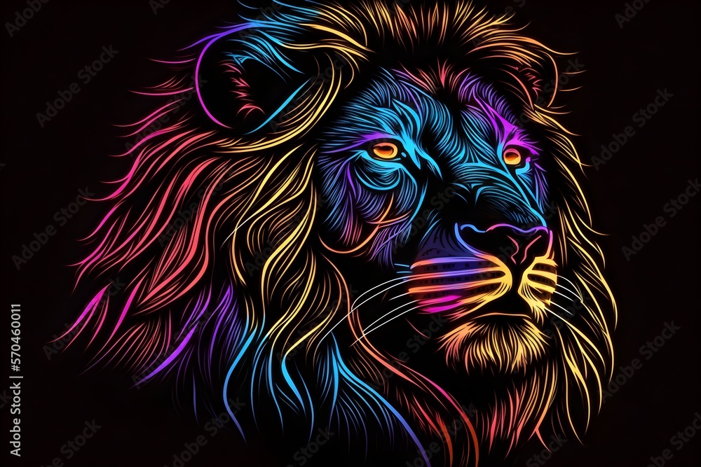 Illustration of a neon style lion head. Generative AI.