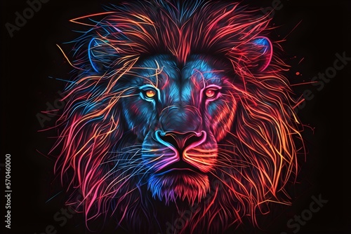 Illustration of a neon style lion head. Generative AI. © unik