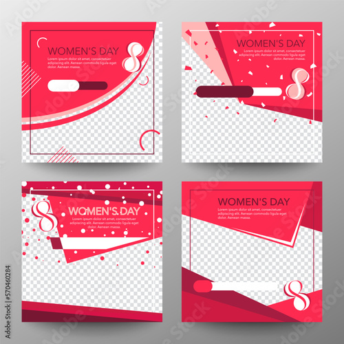International Women's Day. Instagram 8 March posts collection. Editable post template set for banner sale, invitation, stories, streaming. Screen backdrop for mobile app. Social media story mockup.