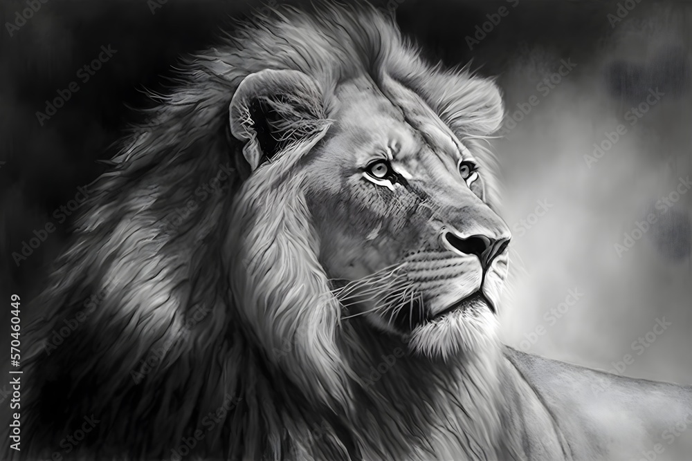 High quality and realistic illustration of a wild lion in black and white tones. Generative AI.