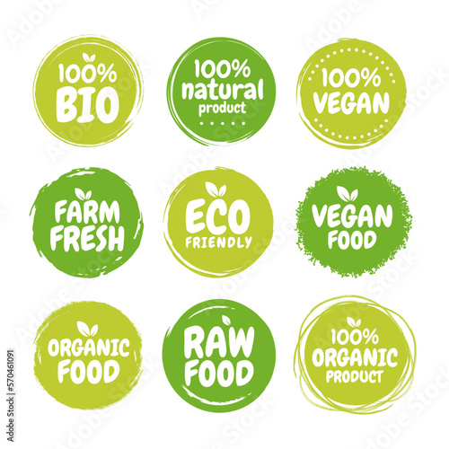 Set Fresh healthy organic vegan food logo labels and tags. Vector hand drawn illustration. Vegetarian eco green concept.