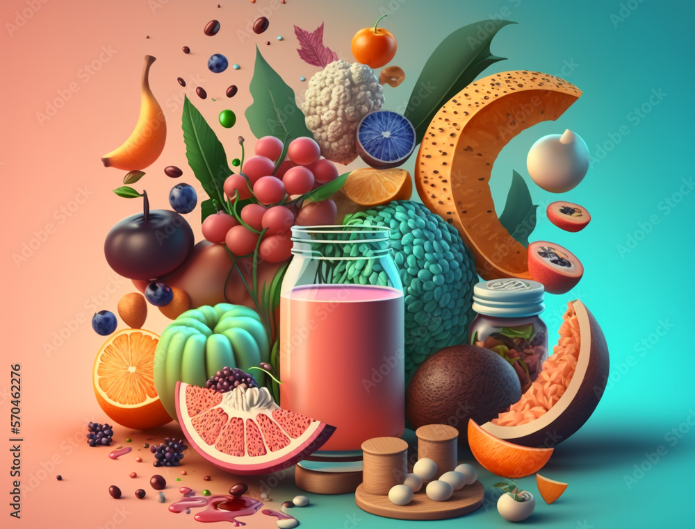 Fototapeta premium Ai mix food 3d illustration with fresh fruits presentation, hydration healthy drinks, glasses. Concept of balanced diet, ingredients meals, health benefits nutrients vitamins, superfood. copy space