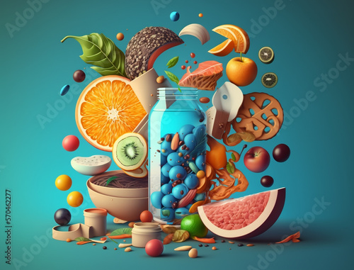 Fototapeta Ai mix food illustration with fresh fruits presentation, hydration healthy drinks, glasses